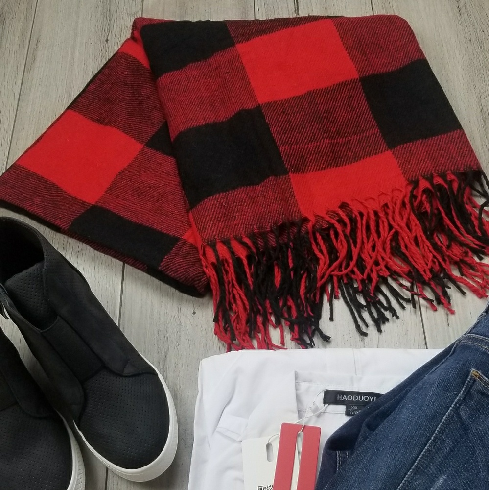❤ Buffalo Check Plaid Tassle Poncho Blanket Scarf - Picture 3 of 6
